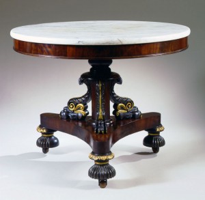 Paint and gilt-decorated mahogany marble-top center table, stenciled “Cook & Parkin,”