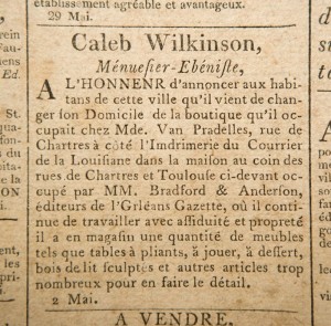 Caleb Wilkinson, Ménuesier-Ebéniste newspaper advertisement