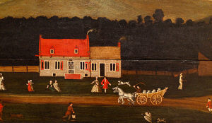 Unnamed Figures Gallery Installation: Detail Attributed to John Heaton (active 1730–1745), Van Bergen Overmantel, Leeds, Greene County, New York, c. 1733, Oil on wood,
Fenimore Art Museum, Cooperstown, New York, museum purchase, N0366.1954. Photo by Eva Cruz, Every Story. Detail Attributed to John Heaton