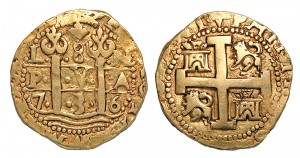 This Spanish colonial gold “doubloon” was struck in Lima, Peru, and was worth about 15 or 16 dollars.