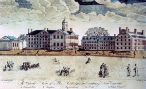 View of Harvard College buildings, 1767.  Engraving by Paul Revere.