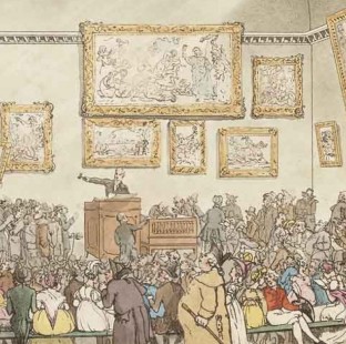 Thomas Rowlandson (British 1756-1827) etching and aquatint, The Sales Room at Christie’s